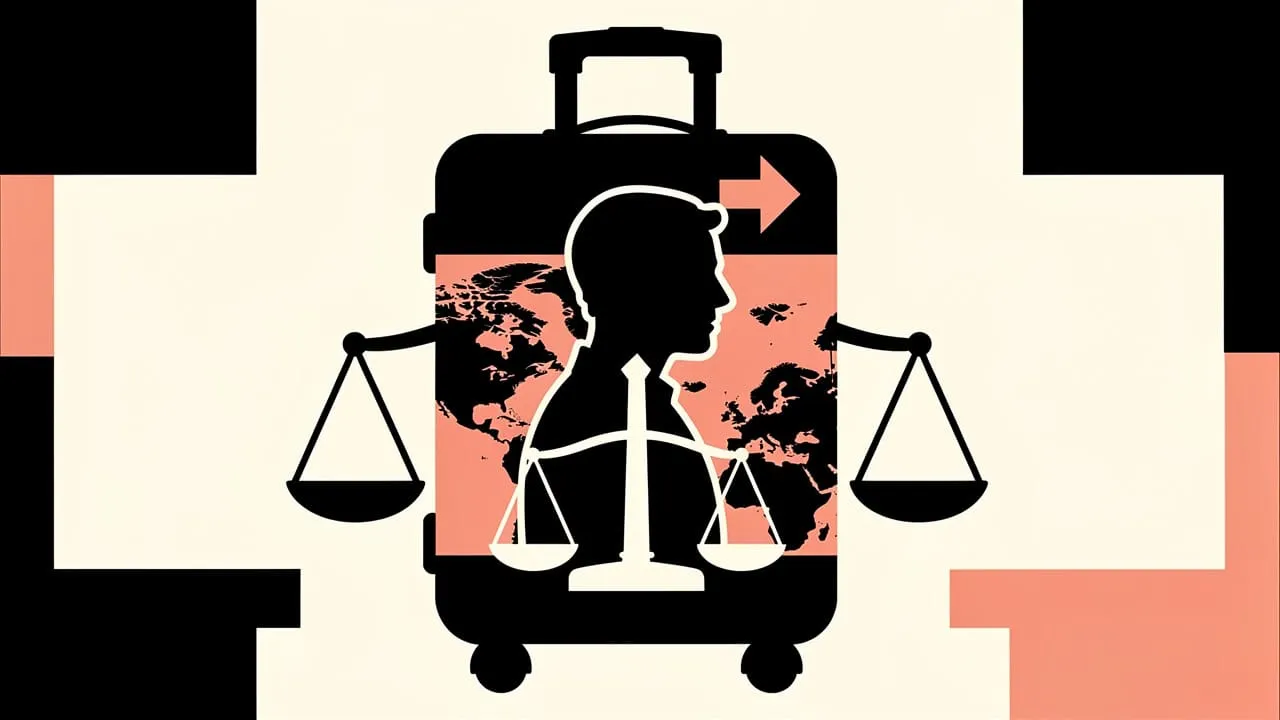 Illustration of a suitcase holding a world map and a man's silhouette, flanked by the scales of justice.