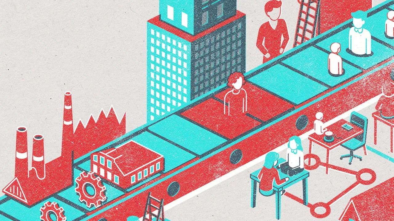 Isometric illustration of a conveyor belt linking factories with office towers and desk workers.