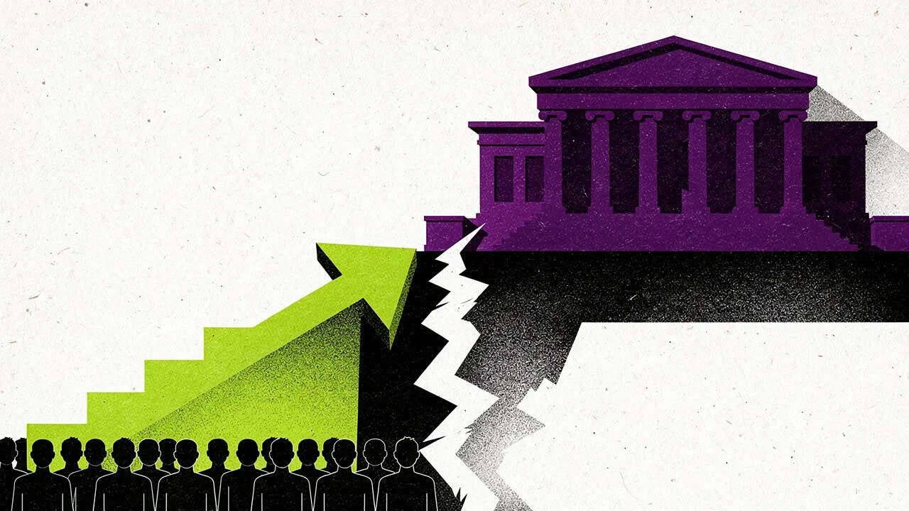 Illustration of a crowd below a rising green arrow staircase that breaks off before a purple government building.
